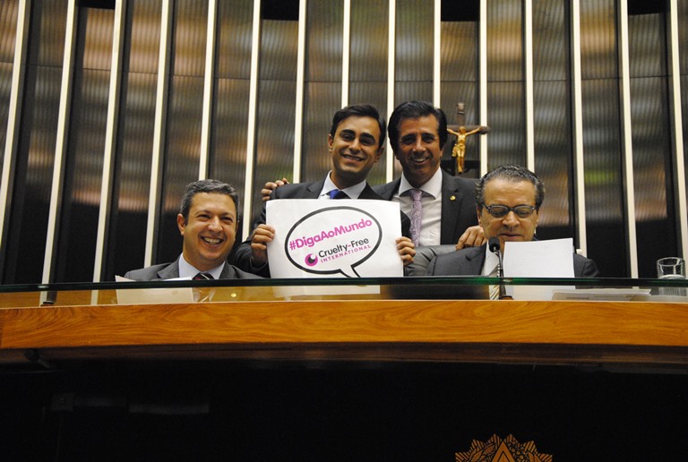 Brazilian politicians celebrates progress for a ban on animal testing for cosmetics in Brazil